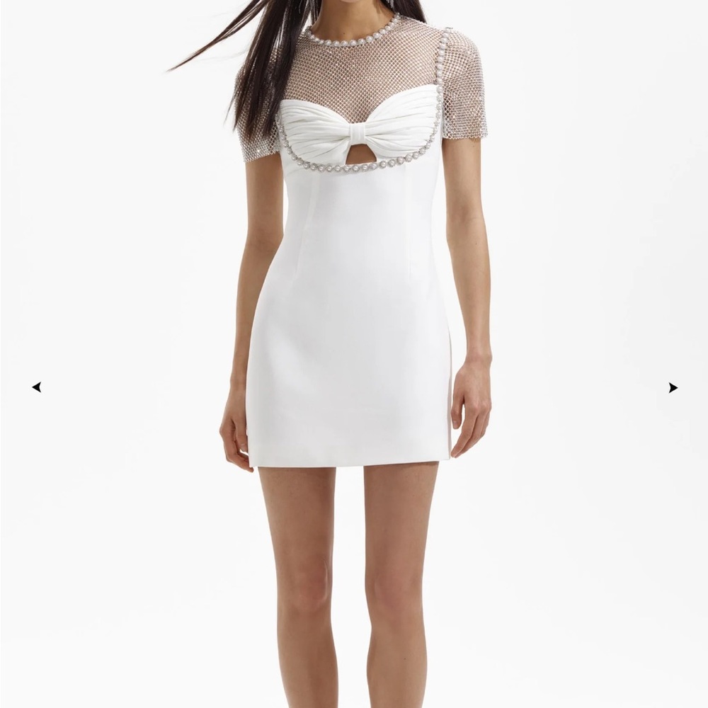 Self Portrait White Crepe Diamante Mesh Mini Dress